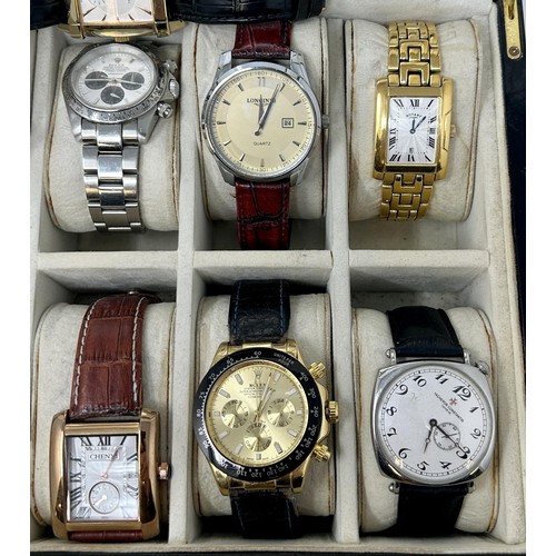 244 - A collection of copies of iconic watches from around the world, in a case (12)