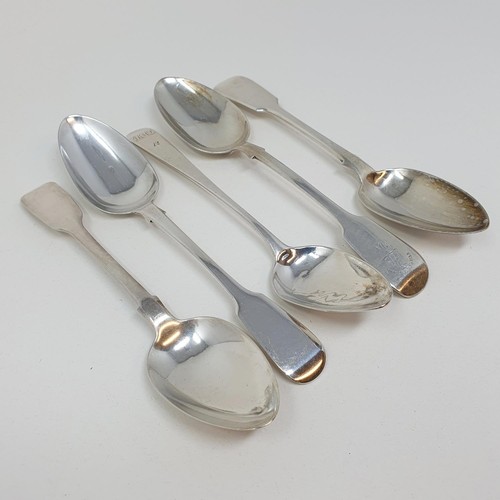 393 - A Victorian silver fiddle pattern dessertspoon, and four other dessertspoons, various dates and mark... 