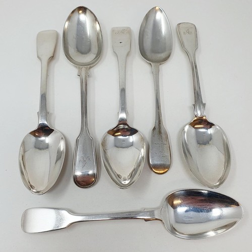 392 - A pair of Victorian silver fiddle and thread pattern dessertspoons, and four other fiddle pattern de... 