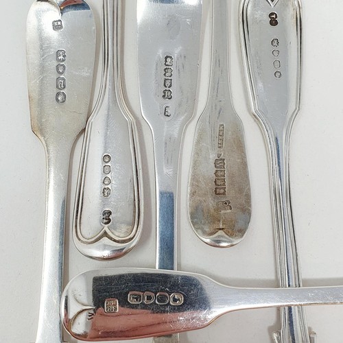 392 - A pair of Victorian silver fiddle and thread pattern dessertspoons, and four other fiddle pattern de... 