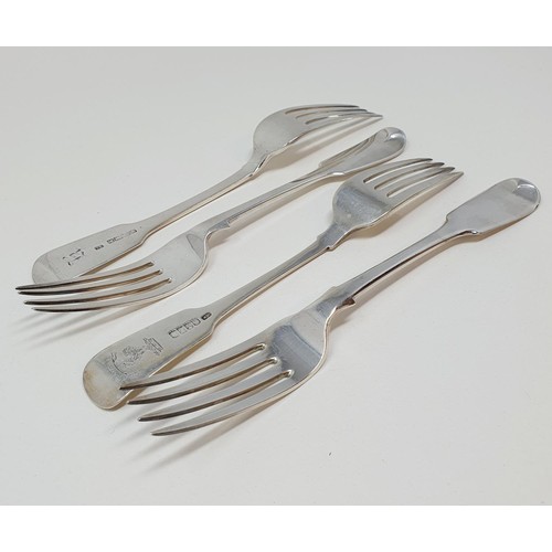 391 - A Victorian silver fiddle pattern table fork, and three other fiddle pattern table forks, various da... 