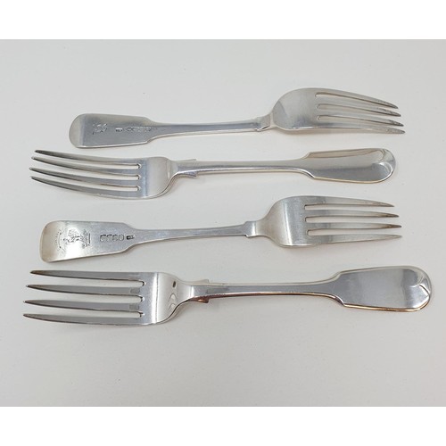 390 - A Victorian silver fiddle pattern table fork, and three other table forks, various dates and marks, ... 