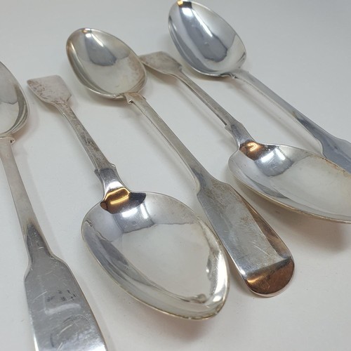 389 - A George III silver fiddle pattern tablespoon, and four other tablespoons, various dates and marks, ... 