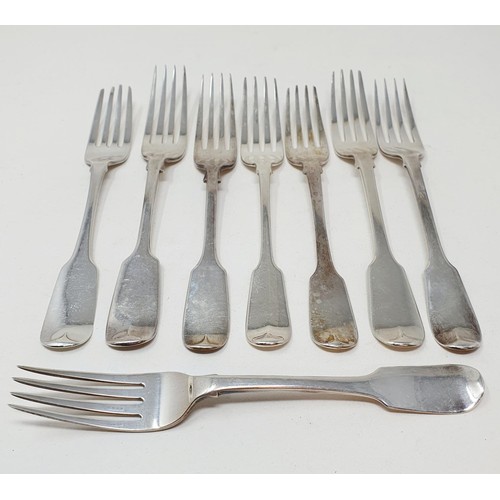 379 - A George III silver fiddle pattern dessert fork, and seven other fiddle pattern dessert forks, vario... 