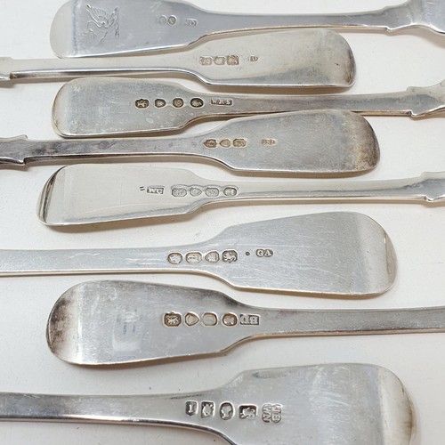 379 - A George III silver fiddle pattern dessert fork, and seven other fiddle pattern dessert forks, vario... 