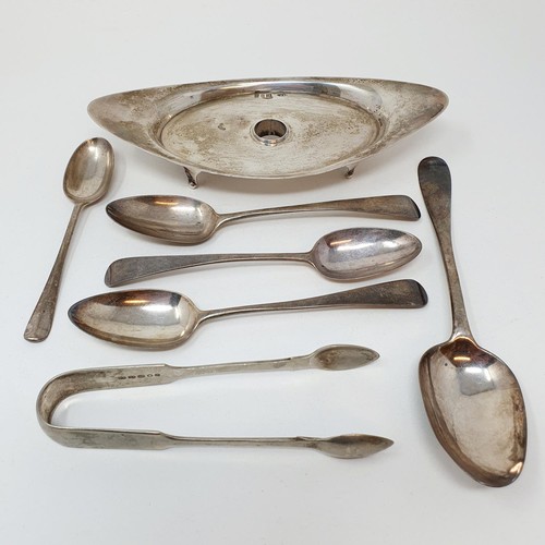 354 - A silver oval stand, a pair of sugar nips and spoons, various dates and marks, 11.6 ozt