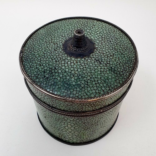 303 - A late 19th/early 20th century shagreen and white metal string box, 10 cm diameter