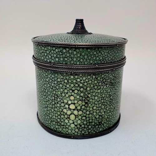 303 - A late 19th/early 20th century shagreen and white metal string box, 10 cm diameter