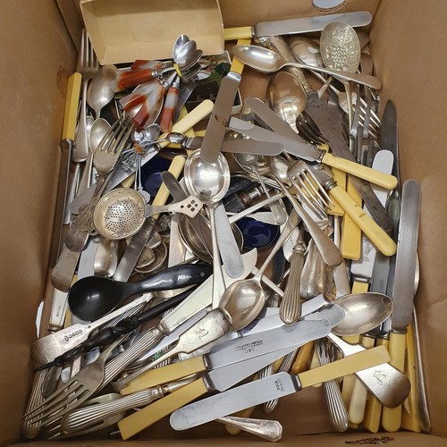 272 - Assorted silver plated cutlery, a pair of wall lights, with glass drops, and other items (box)