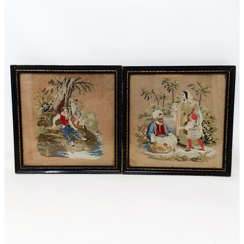 507 - A 19th century needlework panel, of two young boys, 18 x 17 cm, and its pair (2)