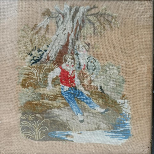 507 - A 19th century needlework panel, of two young boys, 18 x 17 cm, and its pair (2)