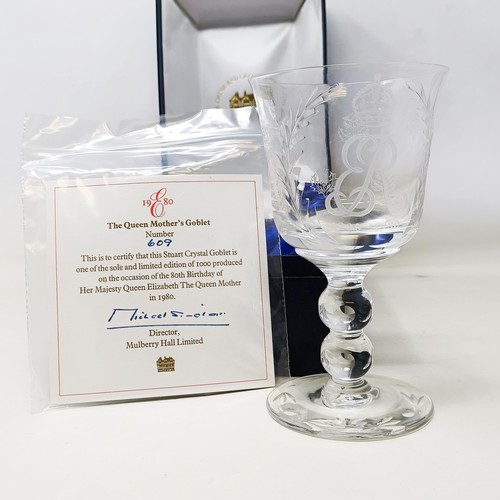 511 - A Stuart Crystal limited edition goblet, commemorating The Queen Mother's 80th Birthday, cased, and ... 