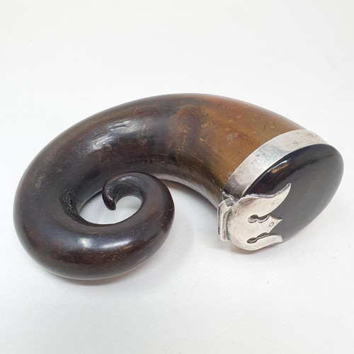 313 - A 19th century Scottish horn snuff mull, with a silver coloured metal mount, 14 cm wide