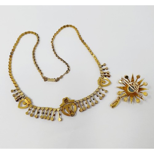 202 - A late 19th century yellow metal and seed pearl necklace, having a double heart motif, with a matchi... 