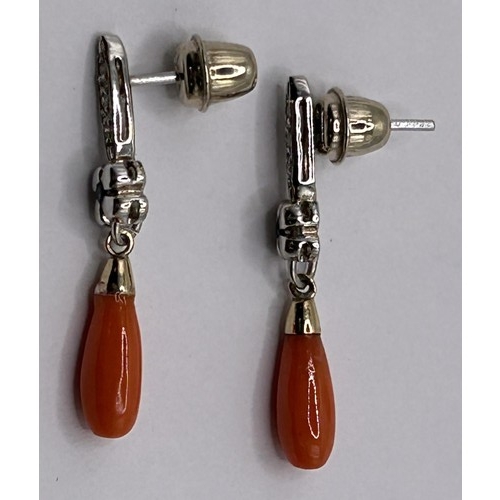 132 - A pair of 14ct gold, coral, diamond and sapphire drop earrings