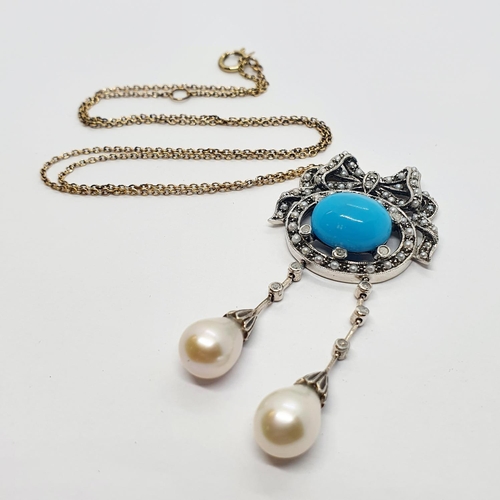 210A - A silver turquoise, pearl and diamond pendant, on a 9ct gold chain