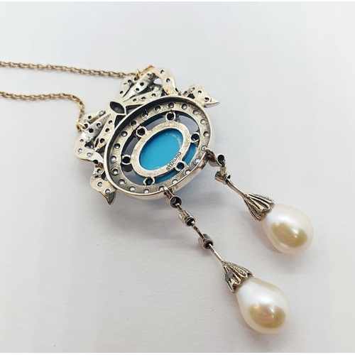 210A - A silver turquoise, pearl and diamond pendant, on a 9ct gold chain