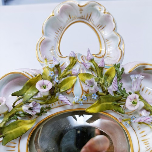 527 - A Dresden porcelain strut mirror, decorated flowers, 48 x 35 cm