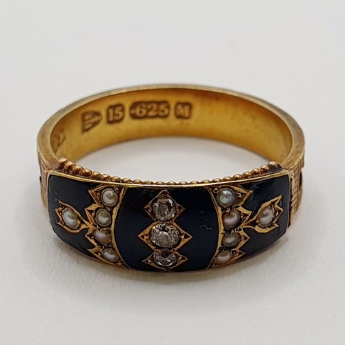 196 - A 15ct 19th Century, diamond, pearl and black enamel Mourning ring, with an internal cavity plaited ... 