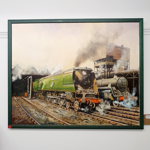 97 - Joe Townend, study of two locomotives, oil on canvas, signed, 60 x 75 cm