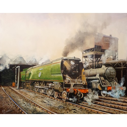 97 - Joe Townend, study of two locomotives, oil on canvas, signed, 60 x 75 cm