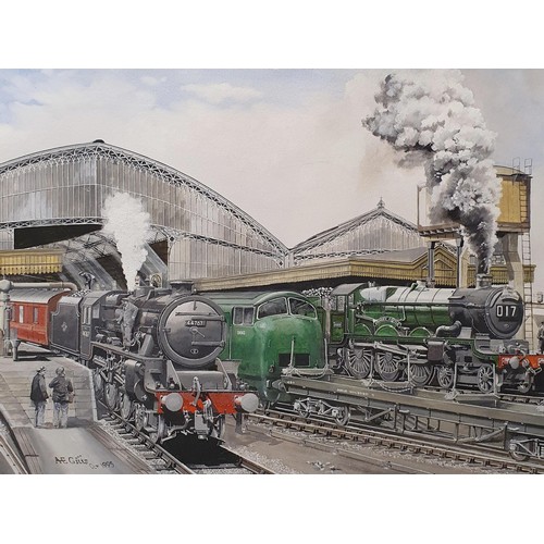 104 - A E Gills, study of three locomotives, gouache, signed and dated October 1995, 54 x 75 cm