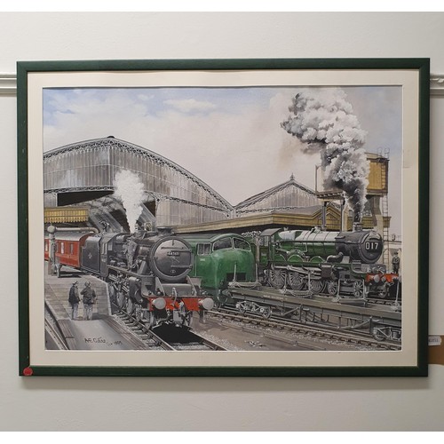 104 - A E Gills, study of three locomotives, gouache, signed and dated October 1995, 54 x 75 cm