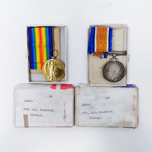 157 - A British War Medal and Victory Medal pair, awarded to 22962 Pte S J Blackman, Wilts Reg, with boxes... 