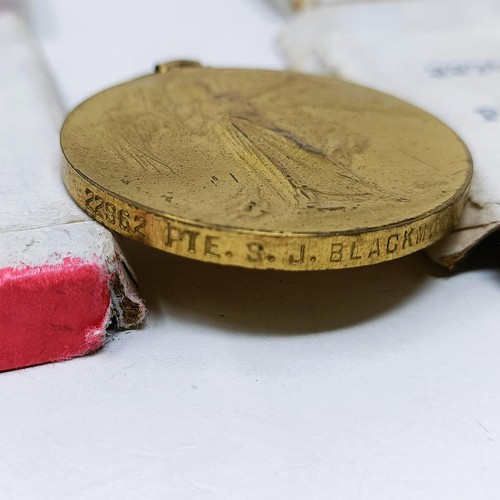 157 - A British War Medal and Victory Medal pair, awarded to 22962 Pte S J Blackman, Wilts Reg, with boxes... 