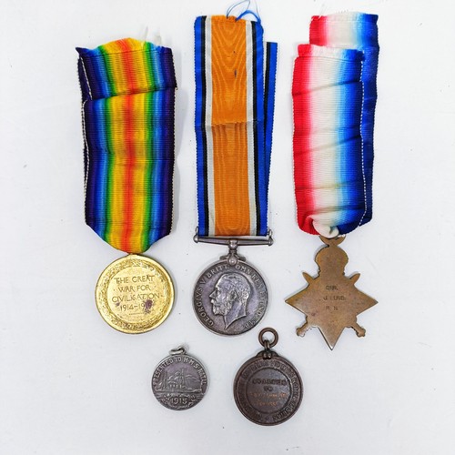 155 - A WWI Trio, with 1914-15 Star, awarded to Gnr J Lund RN, KIA 30th December 1915, with a silver medal... 