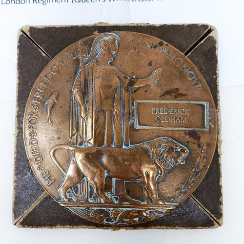 156 - A WWI bronze death plaque, awarded to Frederick Oldham, KIA 1st July 1916, the first day of the Batt... 