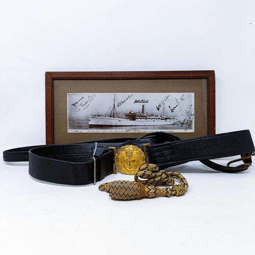 171 - A QVR Gieves Limited Royal Navy sword belt, and a photograph of the transport ship Dongola, signed b... 