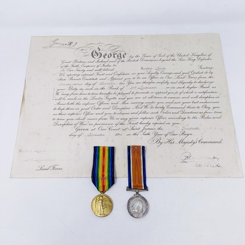 144 - A British War Medal and Victory Medal pair, awarded to Lieutenant Herbert Leach, with his Commission... 