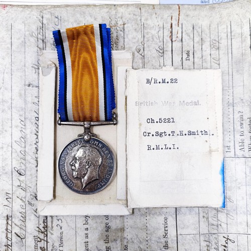 147 - A British War Medal, awarded to CH 5221 CR Sgt 1 H Smith RMLI, with original service record paperwor... 