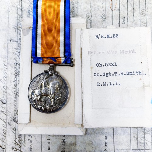 147 - A British War Medal, awarded to CH 5221 CR Sgt 1 H Smith RMLI, with original service record paperwor... 