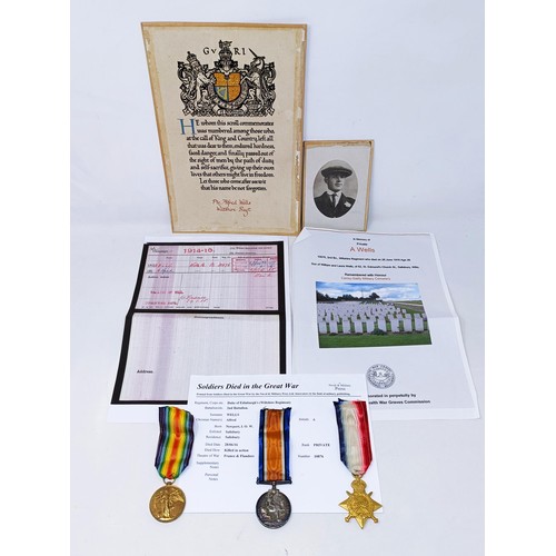 146 - A WWI Trio, with 1914-15 Star, awarded to 10876 Pte A Wells, Wilts Reg, with memorial scroll and cop... 