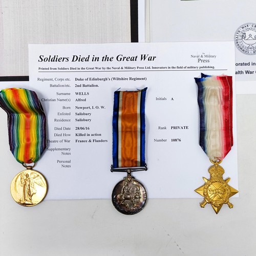 146 - A WWI Trio, with 1914-15 Star, awarded to 10876 Pte A Wells, Wilts Reg, with memorial scroll and cop... 