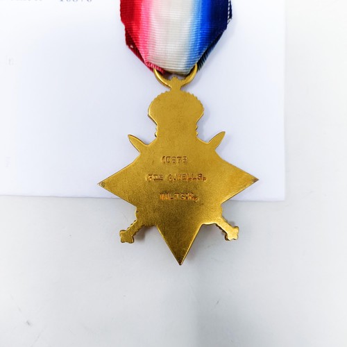 146 - A WWI Trio, with 1914-15 Star, awarded to 10876 Pte A Wells, Wilts Reg, with memorial scroll and cop... 