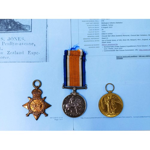 149 - A WW1 Trio, with 1914-15 Star awarded to 10/826 Pte Thomas Bertram Spencer Jones (Wellington Reg) NZ... 