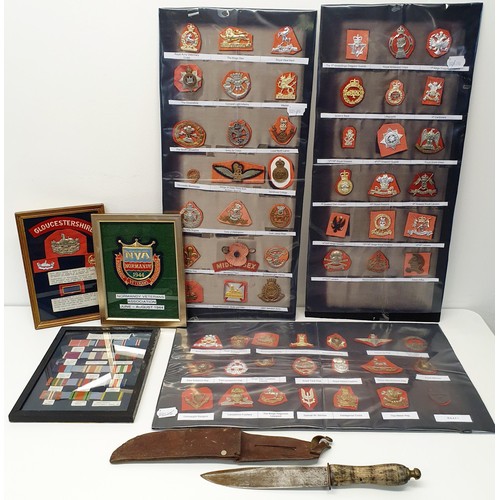 181 - A group of assorted modern cap badges, a Mexican Gomez Bowie style knife, assorted books and other i... 