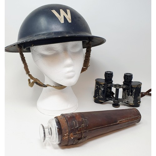 179 - A WWII Warden's helmet, a pair of Goerz field glasses, cased, and other items (box)