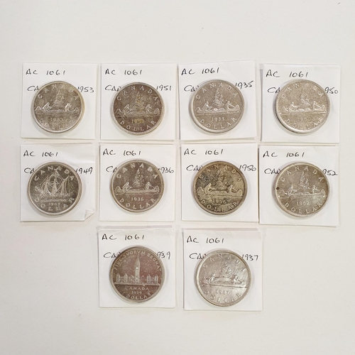 252 - A group of Canadian silver $1, 1935-1939, 1949-1953, and 1956 (10)