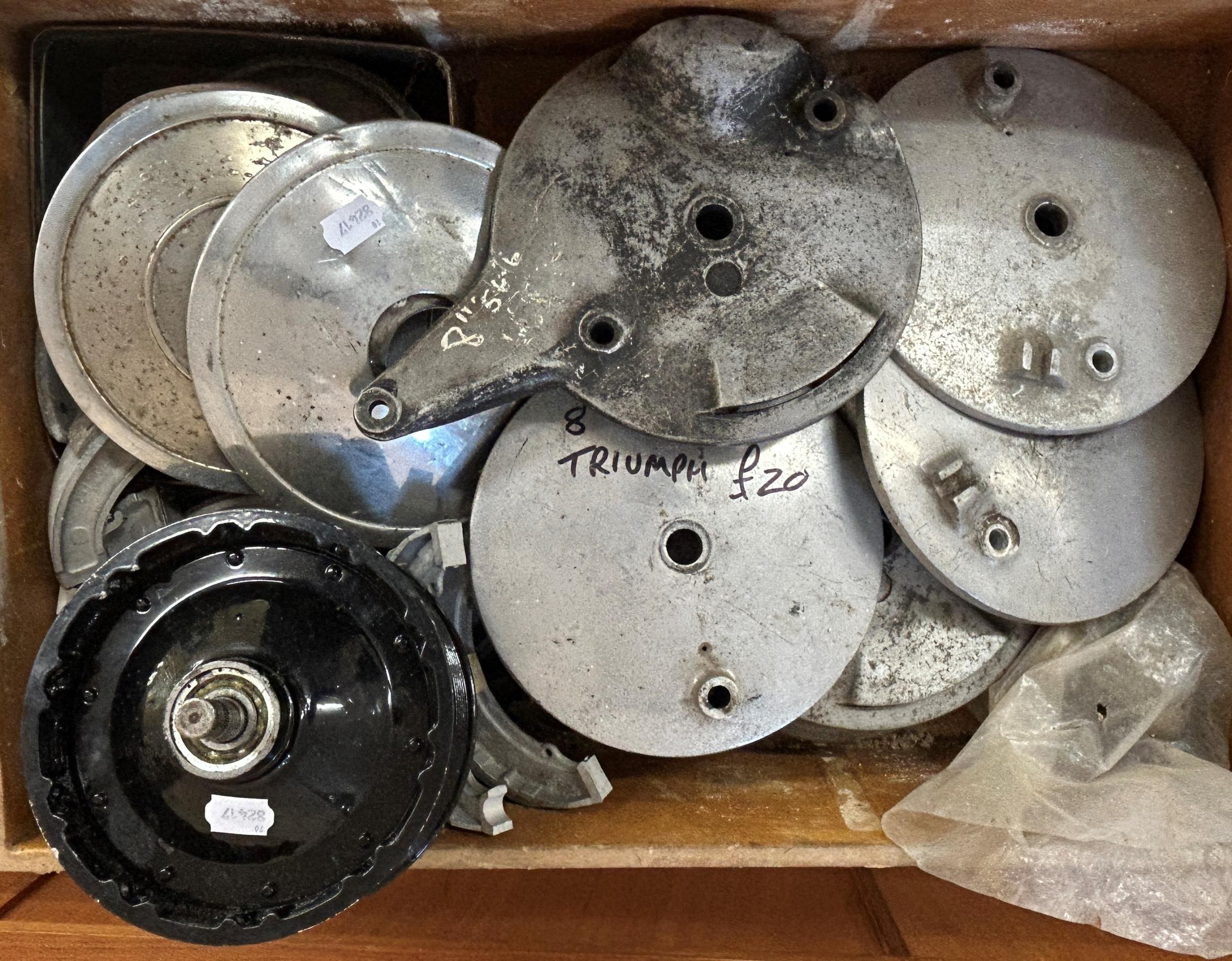 Assorted Triumph motorcycle brake drum covers (box)