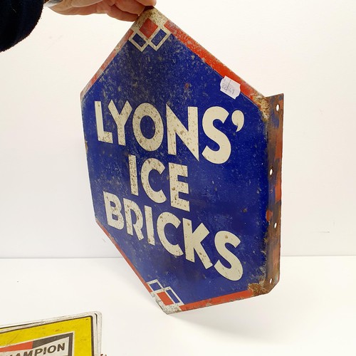 37 - A LYON'S ICE BRICKS enamel double sided sign, with a flange, 40.5 cm wide, and two Champion Spark Pl... 