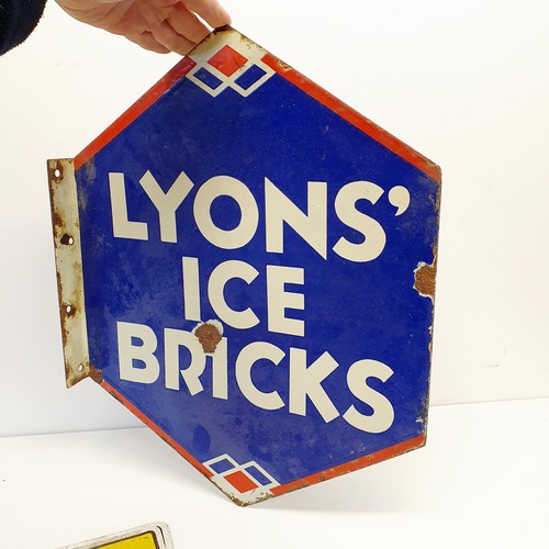 37 - A LYON'S ICE BRICKS enamel double sided sign, with a flange, 40.5 cm wide, and two Champion Spark Pl... 