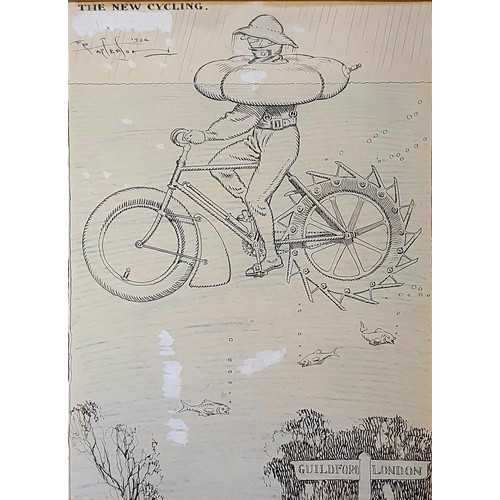 61 - Frank Patterson (1871-1951), comical sketch of a cyclist and cycle in a river, pen and ink, signed, ... 