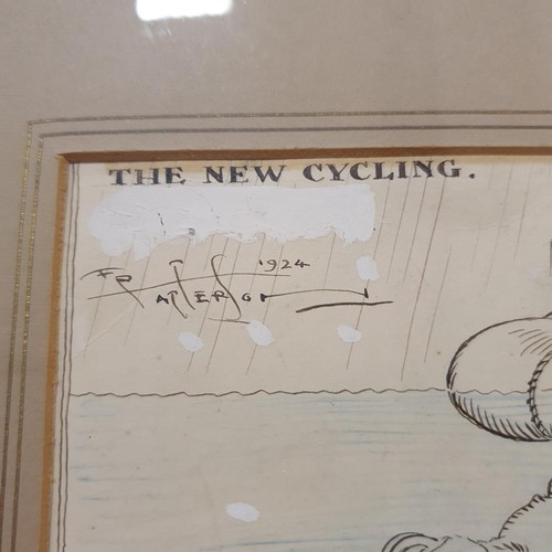 61 - Frank Patterson (1871-1951), comical sketch of a cyclist and cycle in a river, pen and ink, signed, ... 