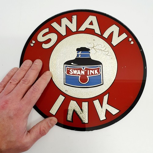 67 - An early/mid 20th century glass advertising sign SWAN INK, the centre with an ink bottle, 25.5 cm di... 