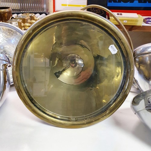 19 - An early 20th century large Willocq Bottin acetylene brass headlamp, with a copper handle, stamped 9... 