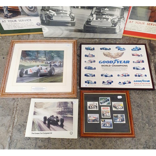 75 - After Graham Turner, a print, 1938 Donnington Grand Prix, 30 x 38 cm, a photograph of two Minis raci... 